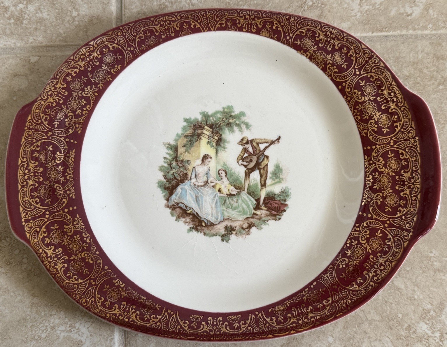 Vintage Sebring Pottery Serenade Burgundy T-S284 22K Gold Handled Platter USA
