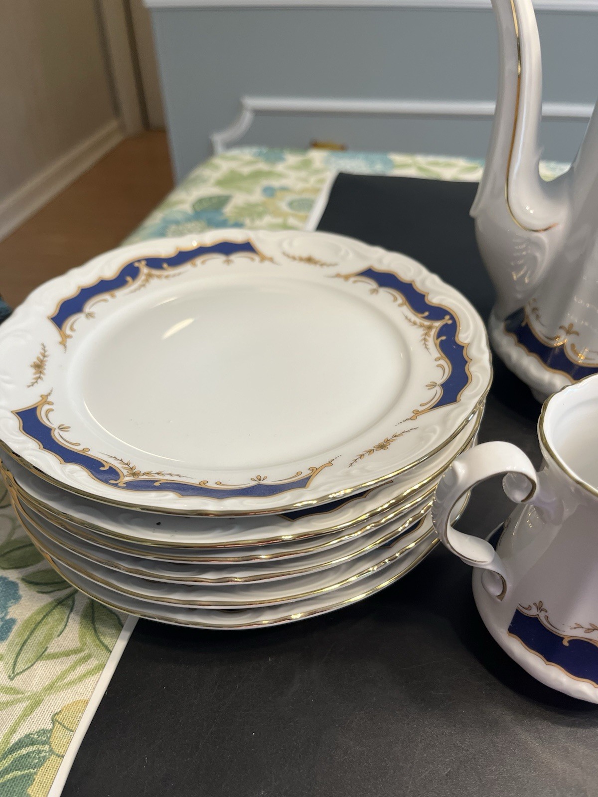 21pc Mitterteich Bavaria Cobalt Blue Gold Trim Coffee Tea Pot Desert Serving Set
