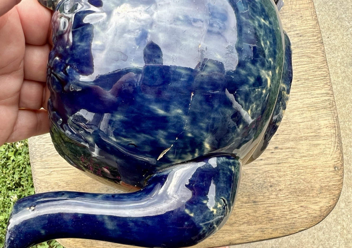 Cobalt Blue Yellow Ware Tea Pot 19th Century American Rare Blue Glaze Circa 1880