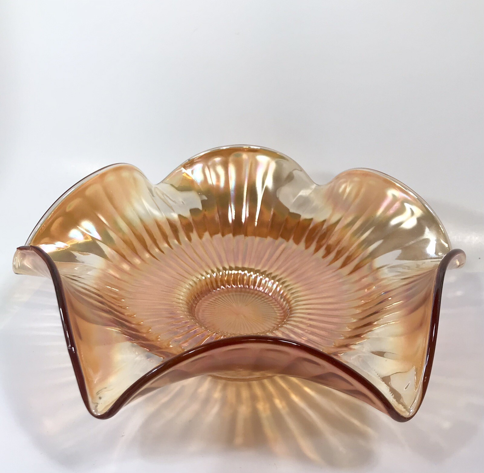 Westmoreland Carnival Glass Bowl Marigold Smooth Rays 9.25″ Six Ruffled Rim W51