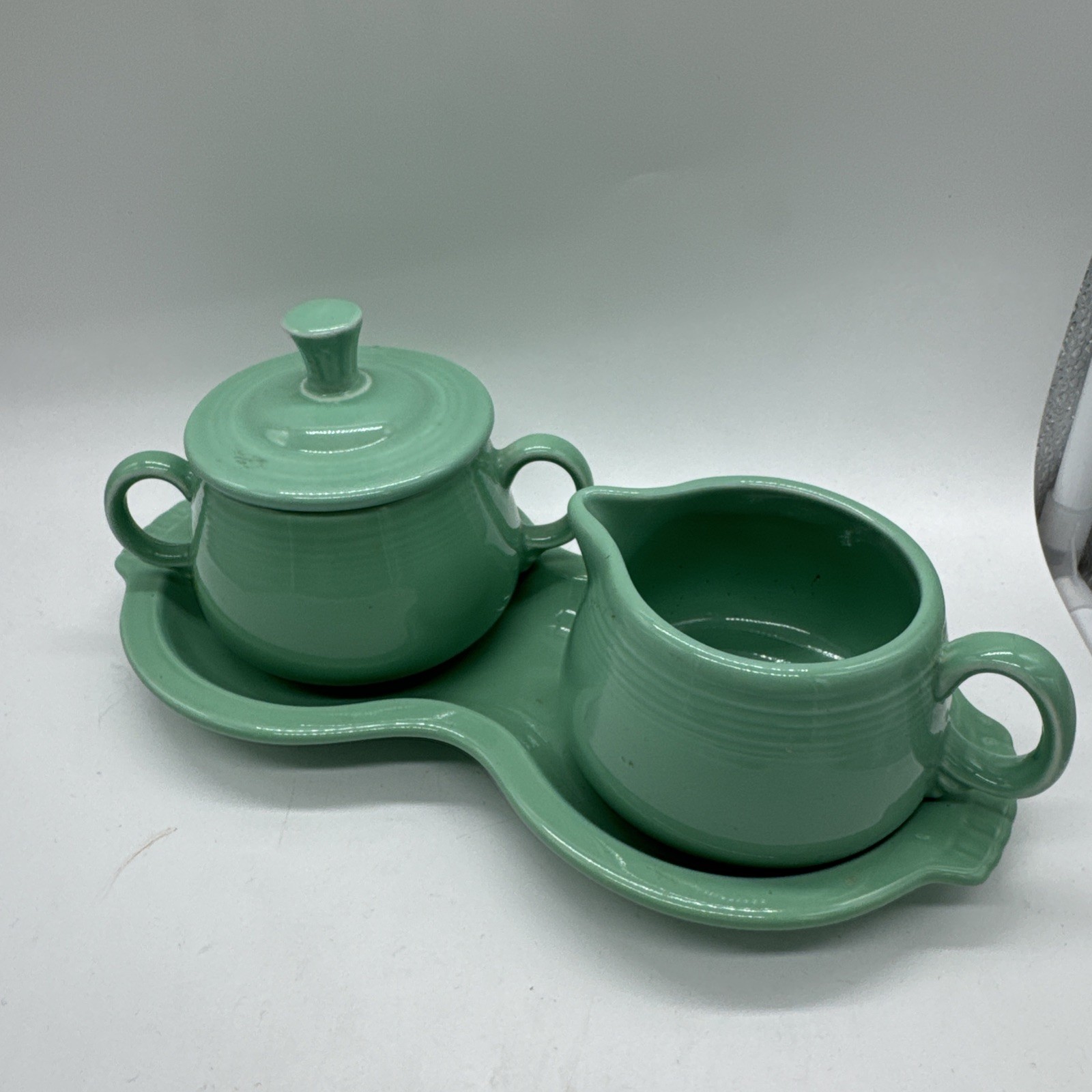 Fiesta Homer Laughlin Fiestaware Sugar Creamer & Tray Set Sea Mist Made in USA