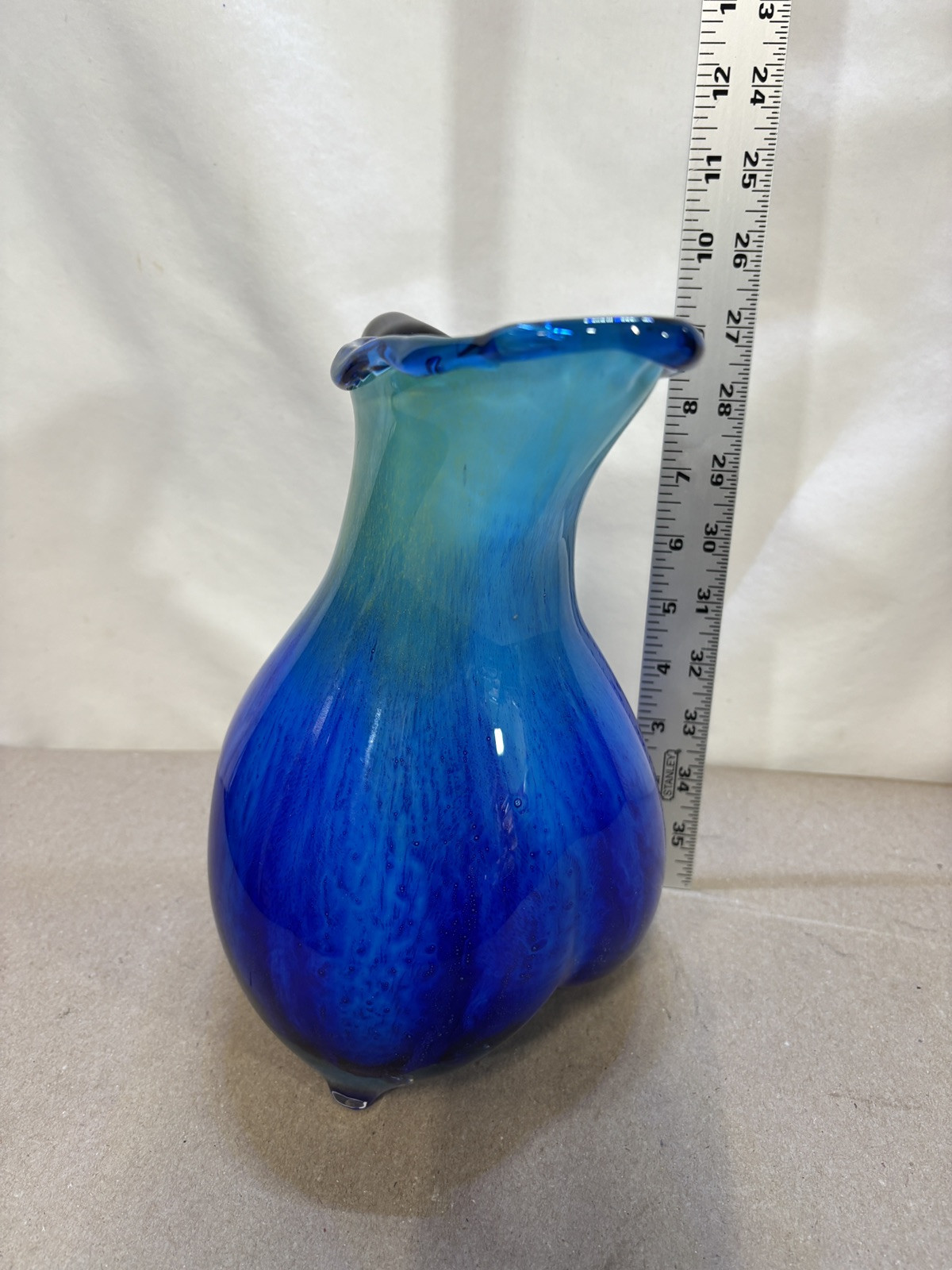 Hand Blown Murano 3 Sided Cased Cobalt Blue to Yellow Glass Pitcher