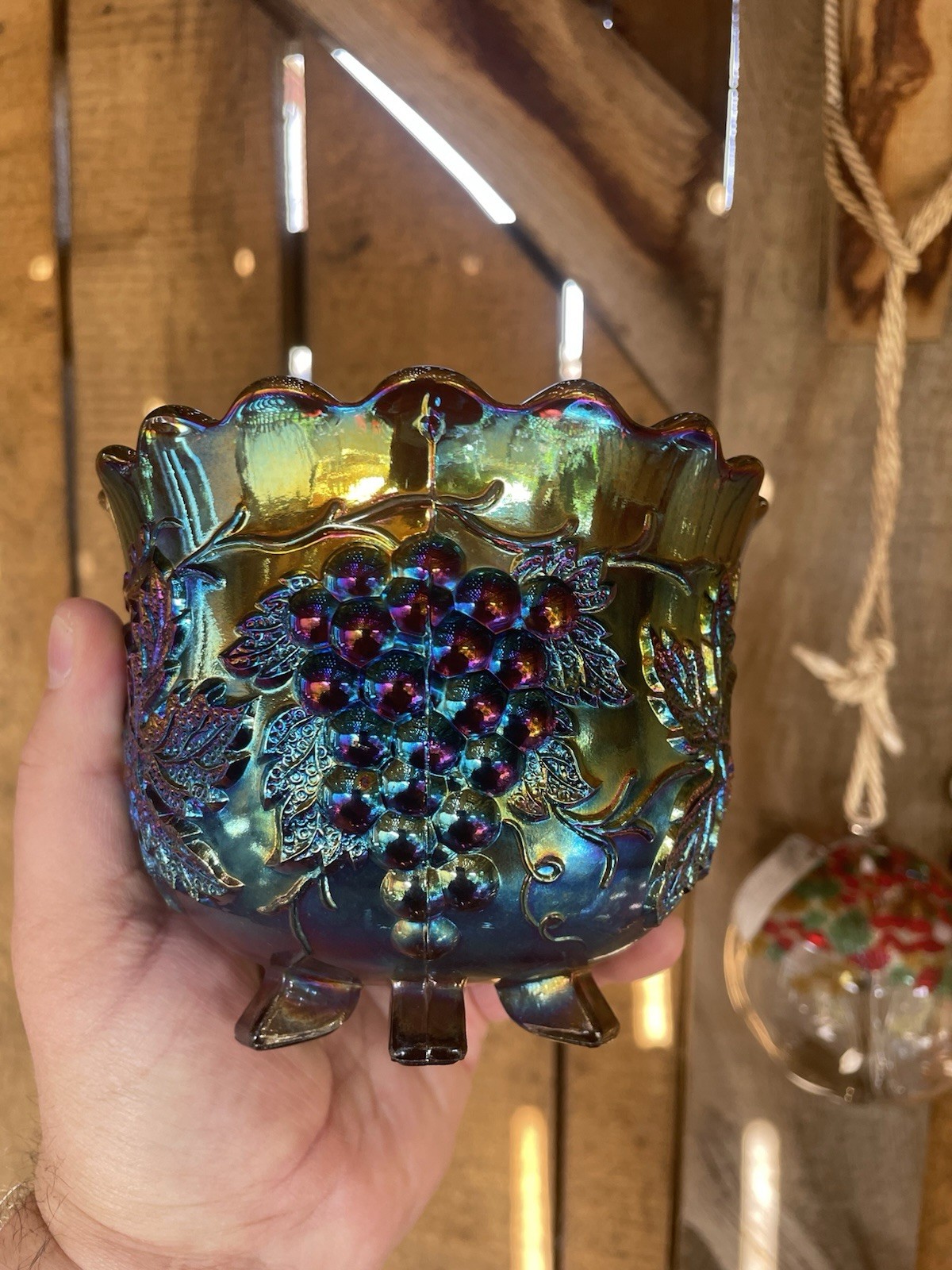 CARNIVAL GLASS ~ ELECTRIC DUGAN GRAPE DELIGHT FLARED NUT BOWL ~