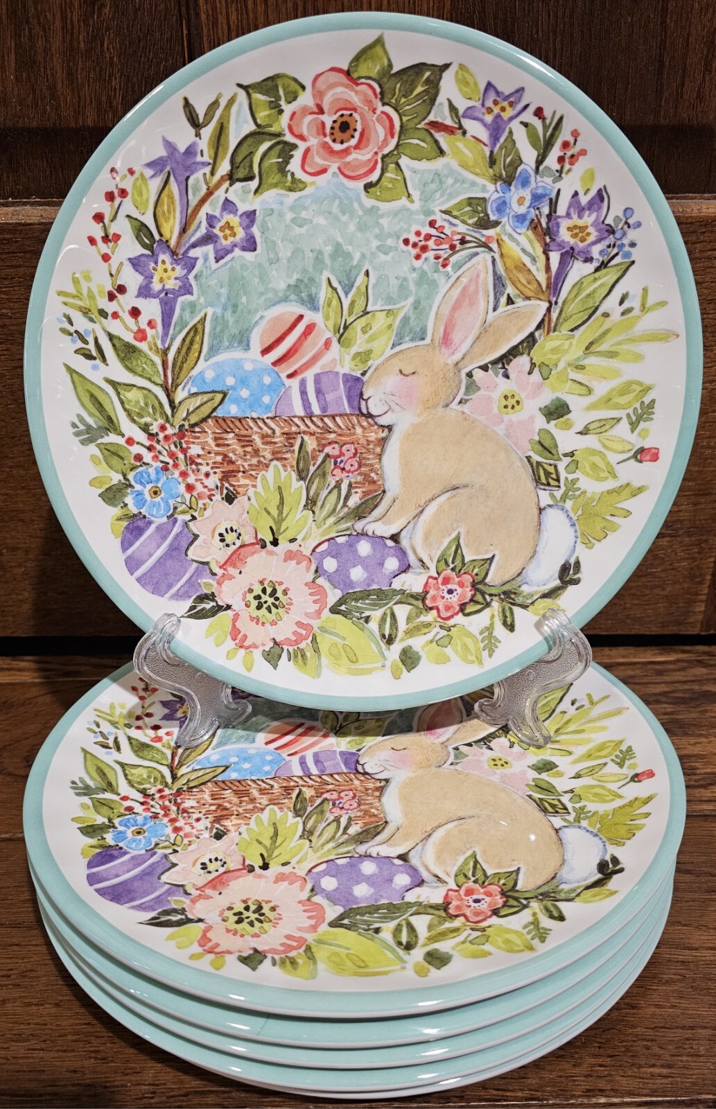 Set/6 Certified International Joy of Easter Melamine Salad Plates Bunny Rabbit