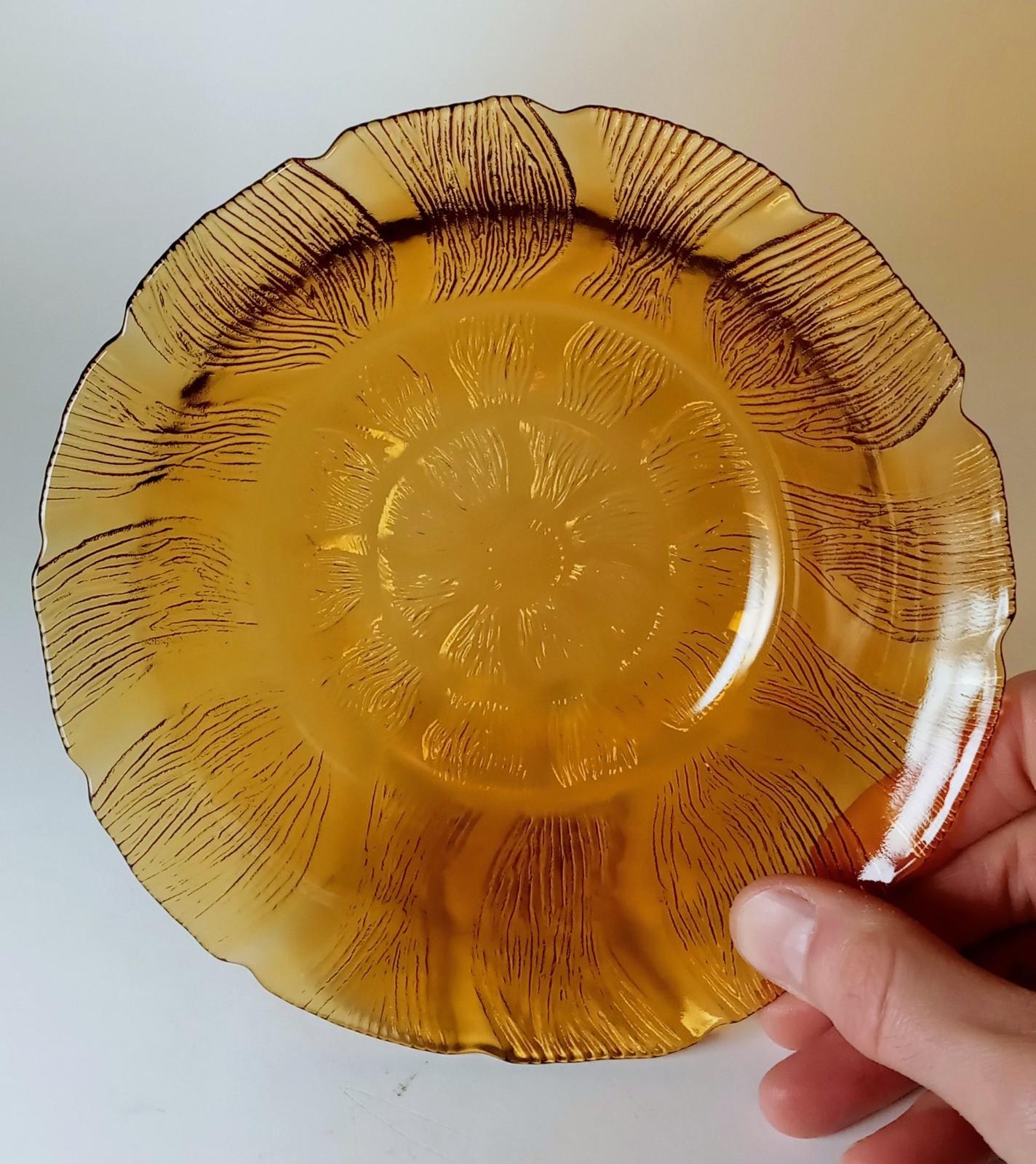 VTG MCM KIG Indonesia Decorative Embossed Amber Glass Bowl