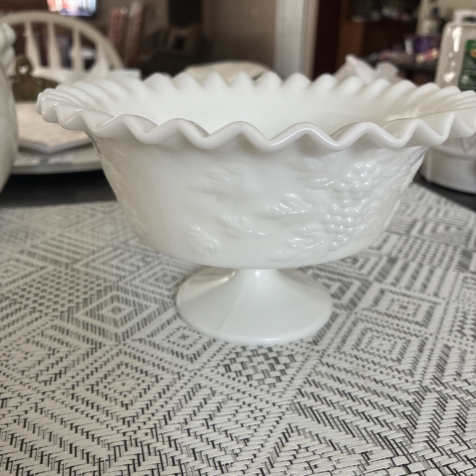 Ruffled Edge Milk glass Pedestal Fruit Bowl 8”