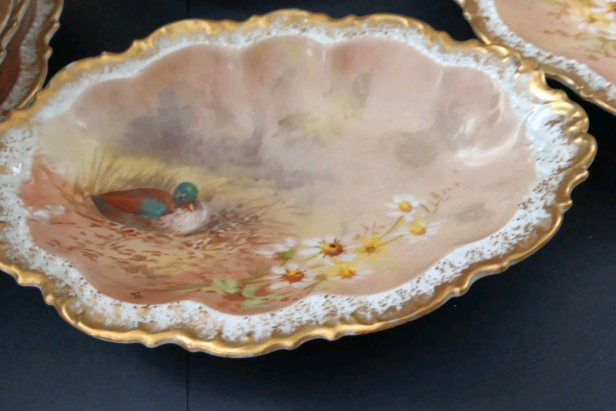 11 Antique 1906 Limoge Game Plate Set Coronet Signed LUC Sauce Bowls HP