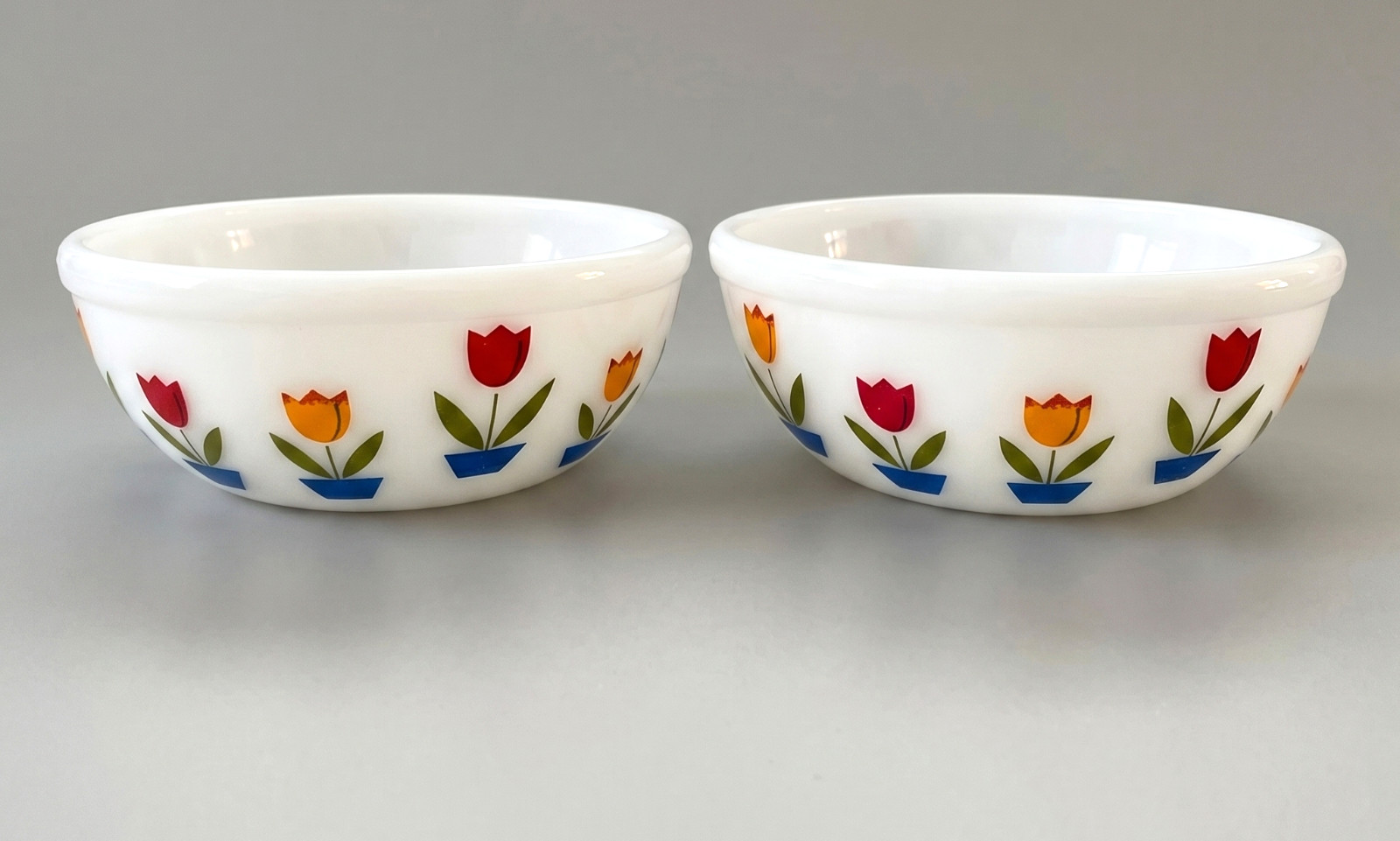 Fire-King 15oz Tulip Bowl Printed Milk Glass Ware Set of 2 Vintage Japan Retro
