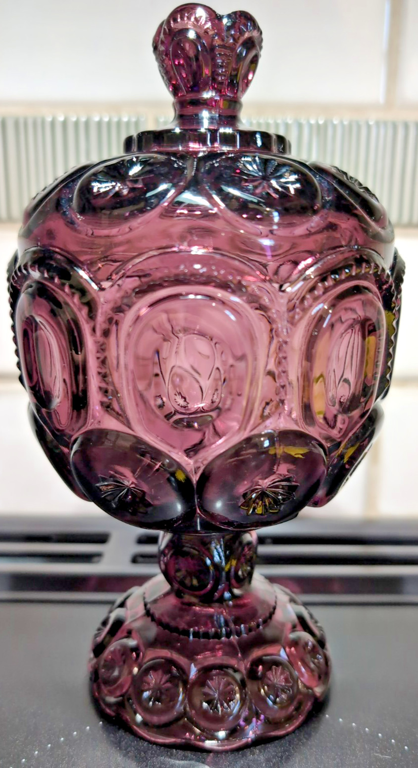Vintage LE Smith Amethyst Glass Moon & Stars Lidded Compote/Candy Dish 8″