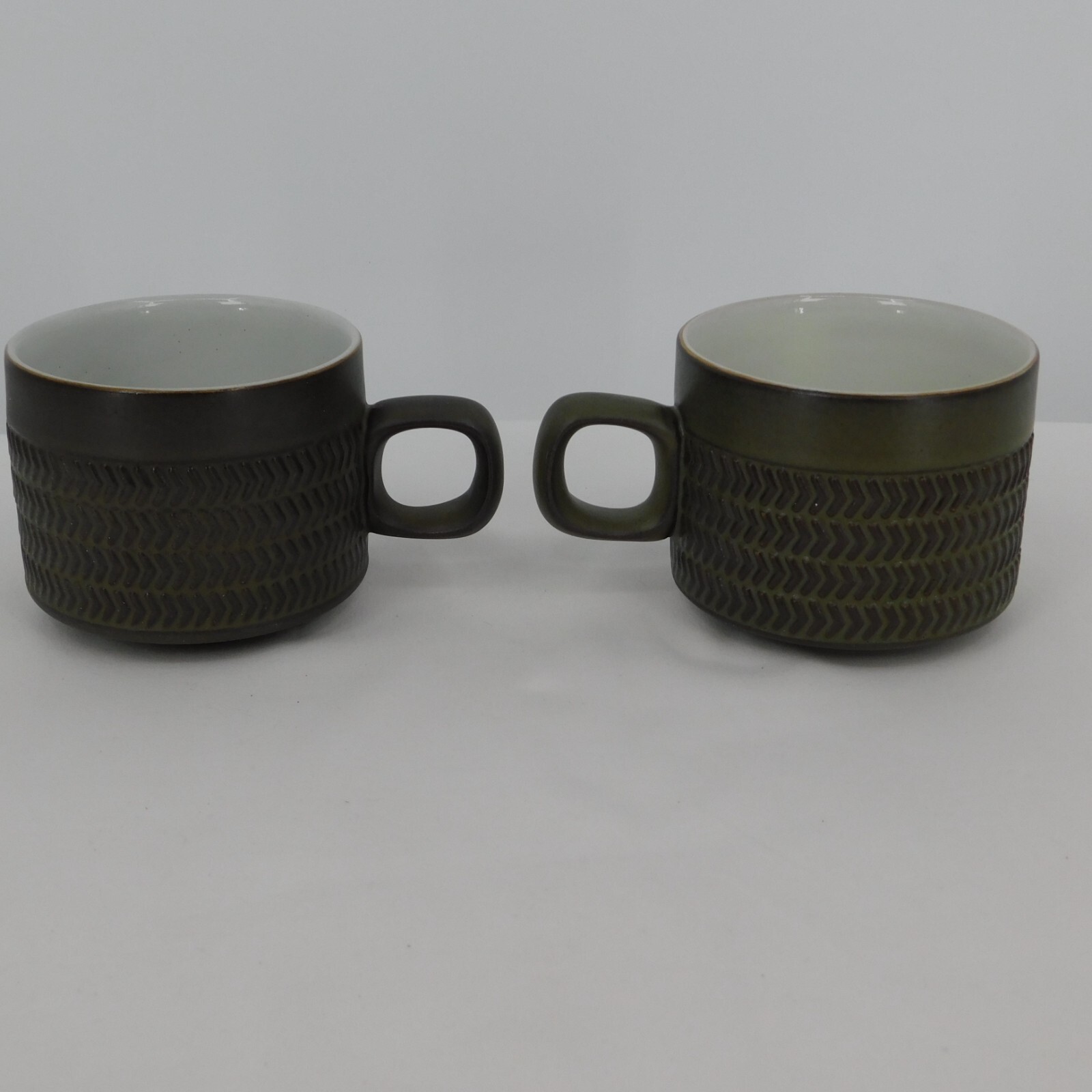 Set of 2 Denby Camelot Dark Green Flat Cup 2 1/2″ tall Chevron Pattern Vintage