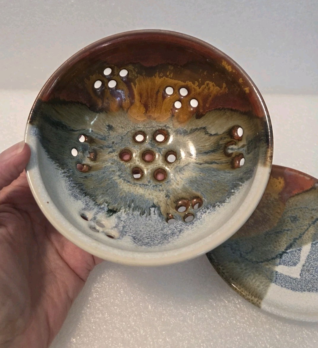Hand Thrown Pottery Earth Tones Colander Berry Bowl Strainer & Under Plate 5.5″