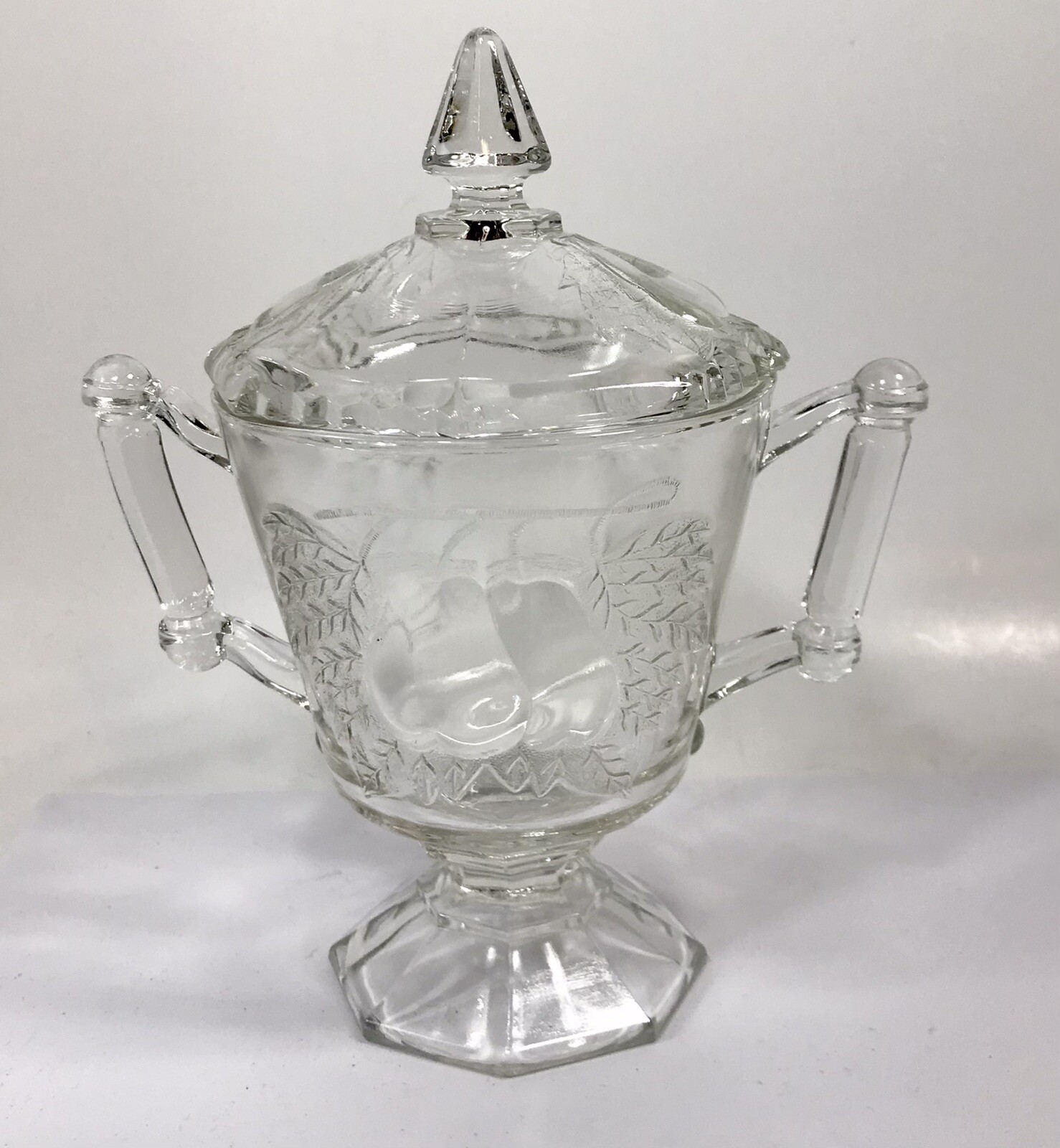 Jeannette Glass Baltimore Pear Clear Lidded Bowl W Handles Sugar Candy Vintg W30