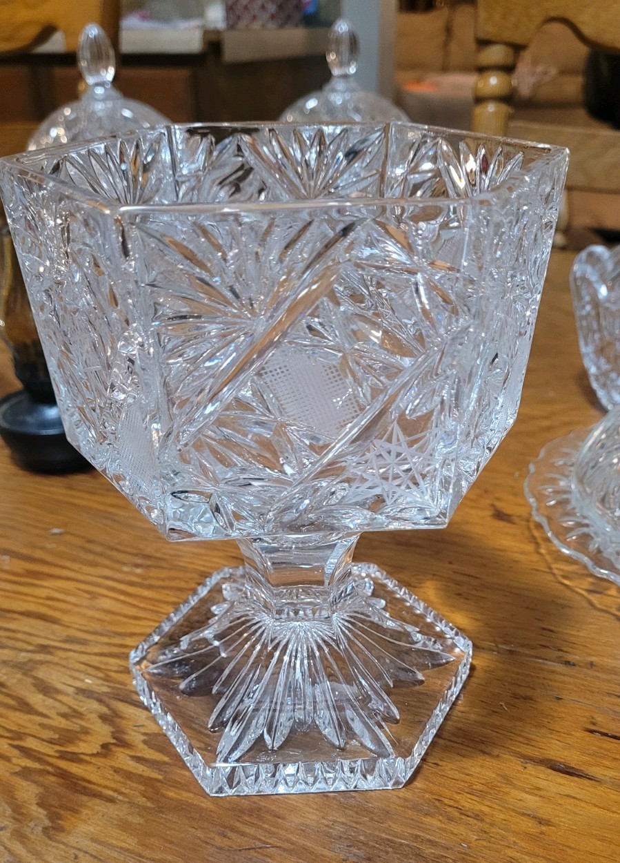 Bohemian Cut Crystal Footed Centerpiece Bowl From Czech Republic Octagonal