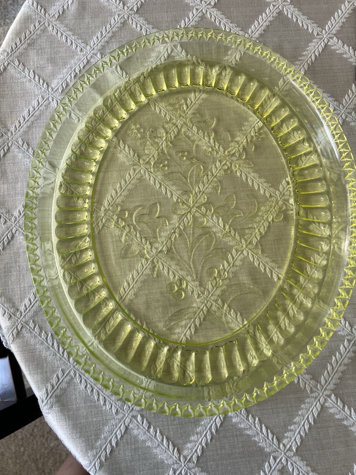 EPAG Adams & Co Vaseline Glass Oval Platter. Wildflower Pattern.