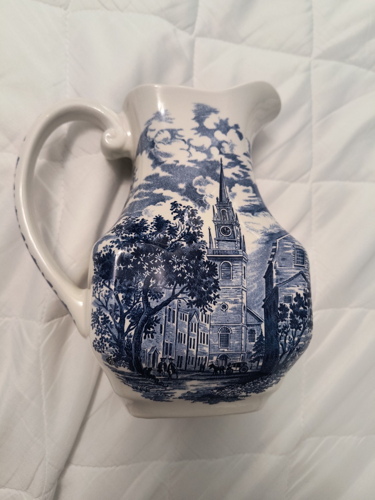 Staffordshire Liberty Blue Ironstone The Old North Church 32 oz Pitcher EUC