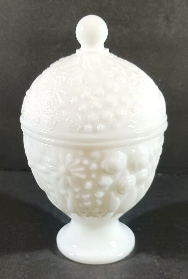 Vintage MILK GLASS COMPOTE CANDY DISH WITH LID Flowers Small White Pedestal Avon