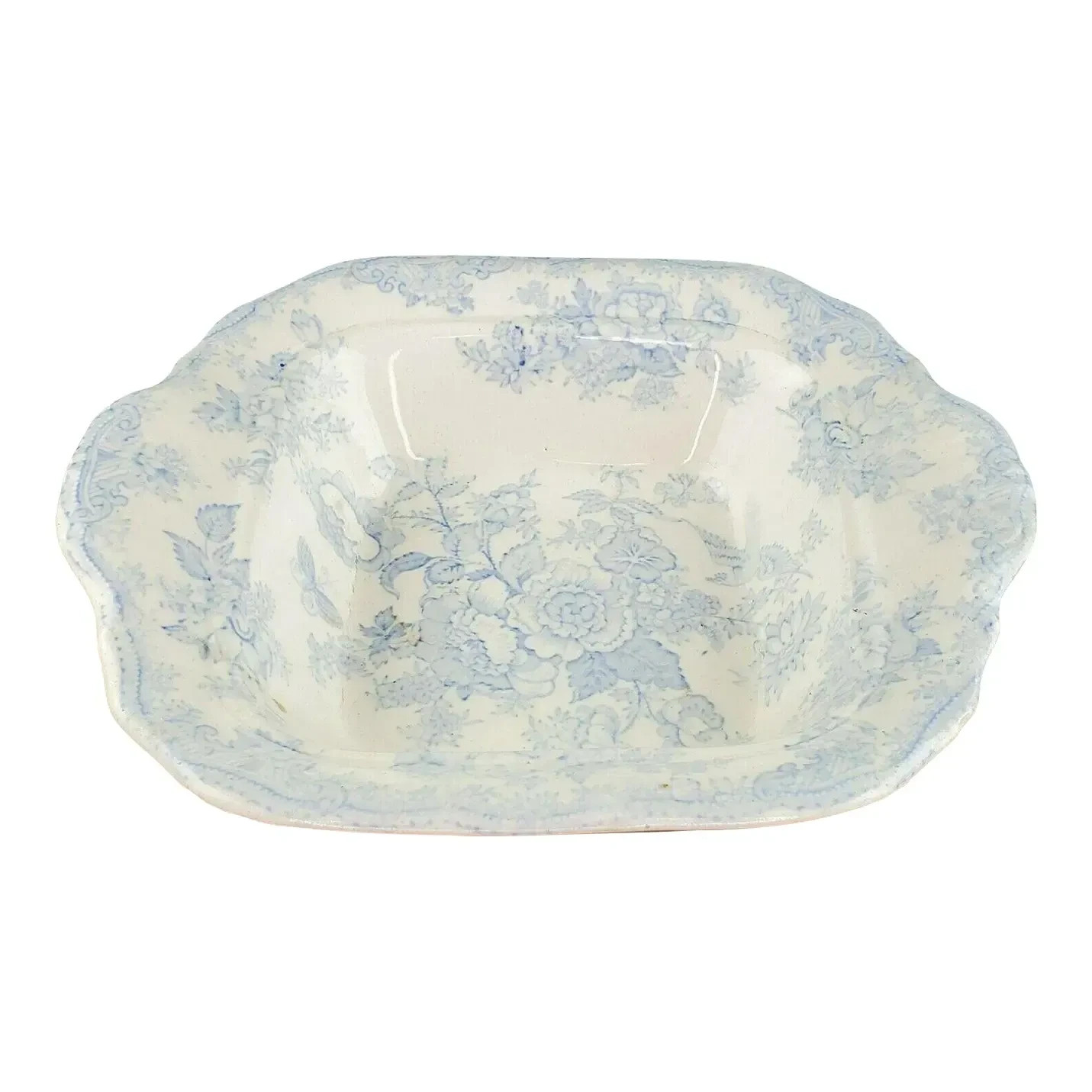 Antique Asiatic Pheasant Blue and White Transferware Serving Bowl Dish Small