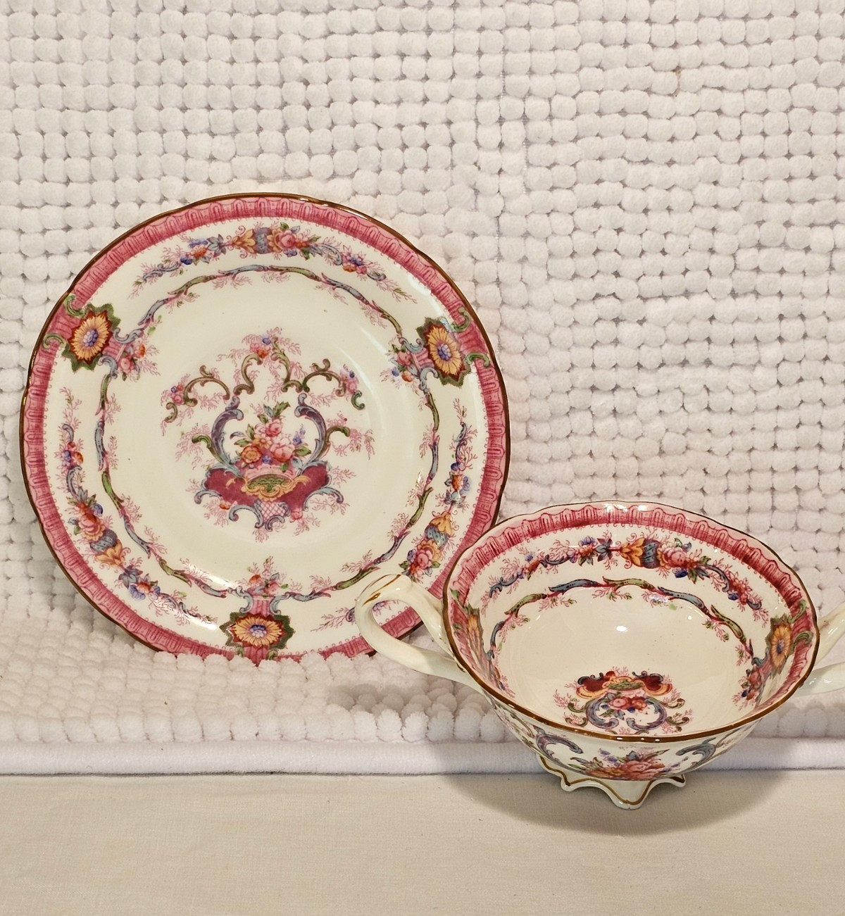 Bouillon cups w/ saucers, set of three, vintage china, Haviland, Cauldon, Pouyat