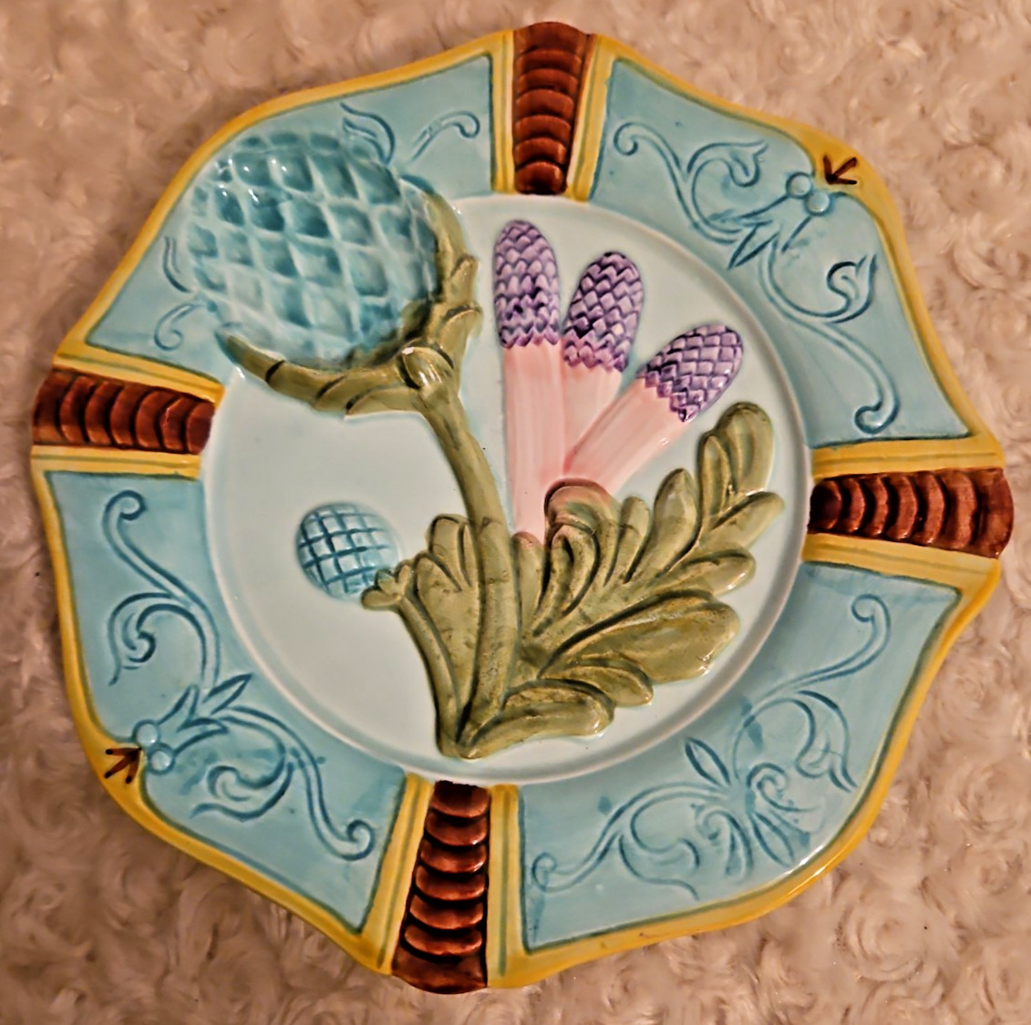 VTG Seymour Mann Majolica 8.5″ Blue Artichoke Asparagus Plate Handpainted 1992