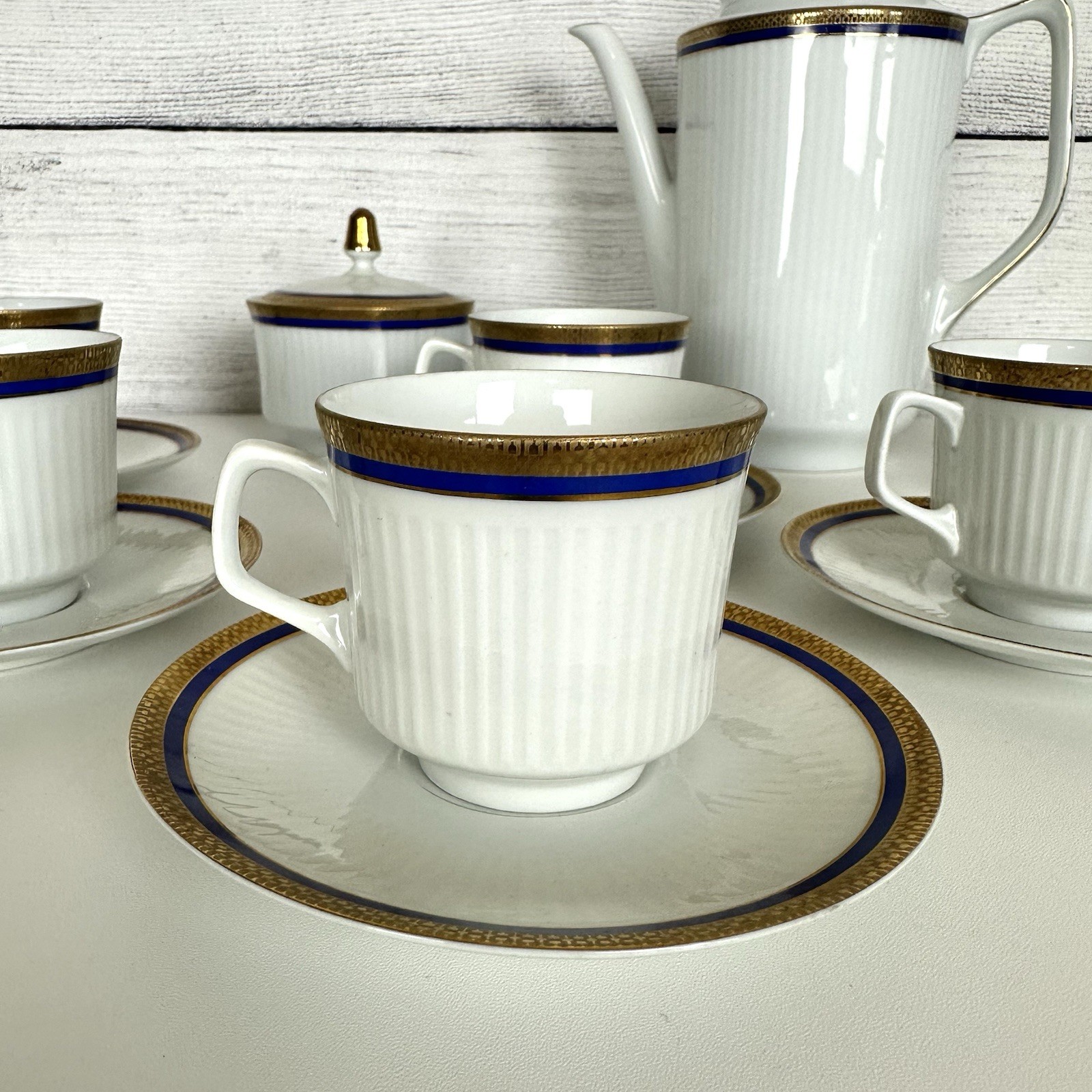 VTG Bareuther Bavaria Germany 100th Anniv. Coffee Set White Cobalt Gold 14 Piece