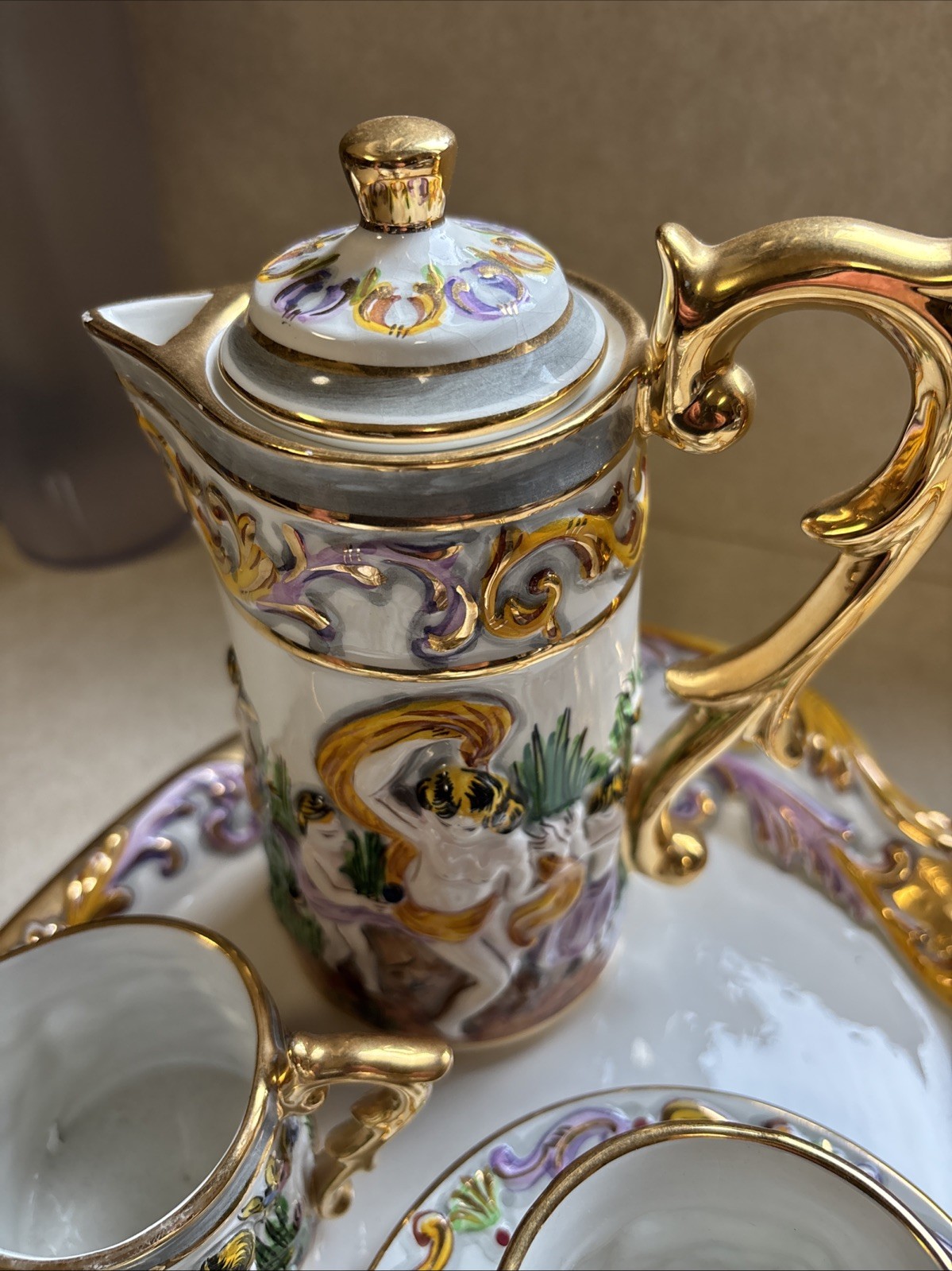 Vintage Elpa Alcobaca Cherubs Porcelain 2 Person Coffee/Tea Set & Tray Portugal