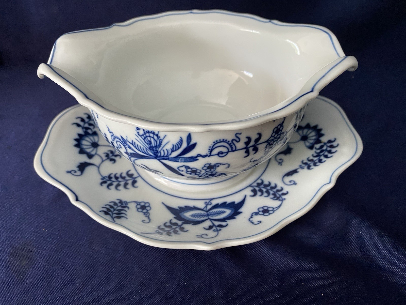 BLUE DANUBE Two Spout Gravy/Sauce Boat Attached Underplate Banner Stamp EUC
