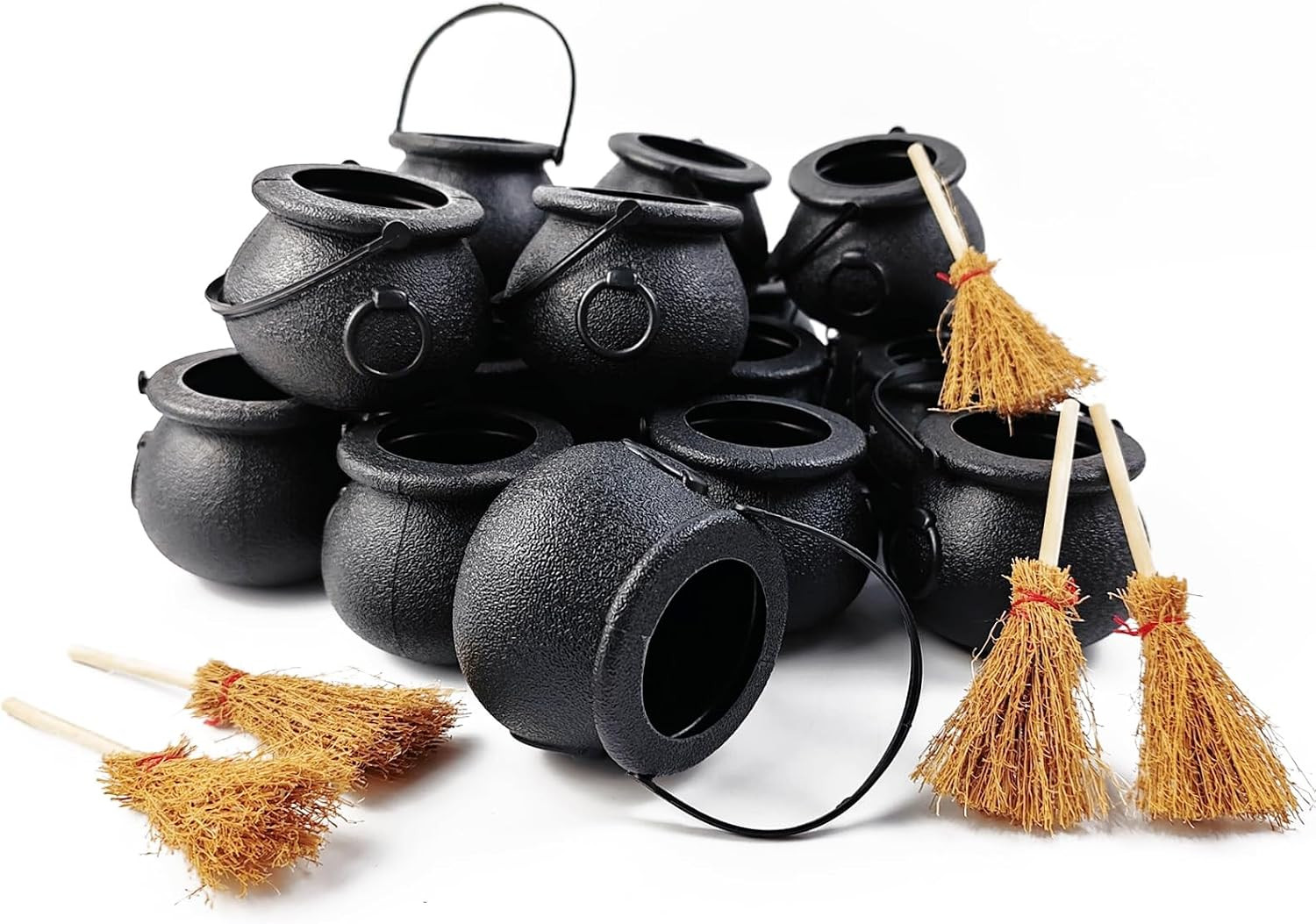 24Pcs/Set Mini Plastic Cauldron with Mini Witch Brooms, Witch Calderon Pot Black