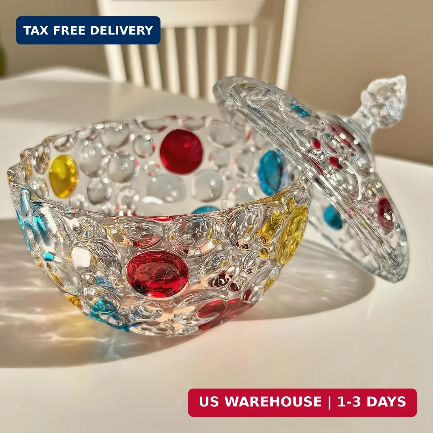 Colorful Glass Candy Jar, Elegant Hand Painted Candy Server Crystal Candy Bowl w