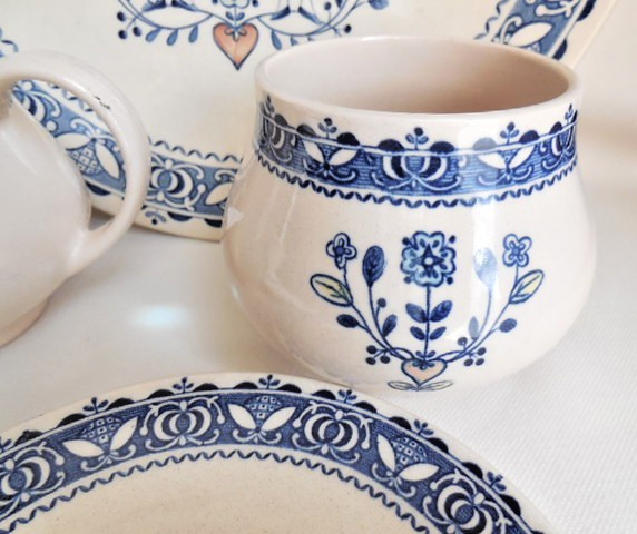 Staffordshire Old Granite Hearts Flowers Saucers + Creamer & Sugar +Serving Bowl