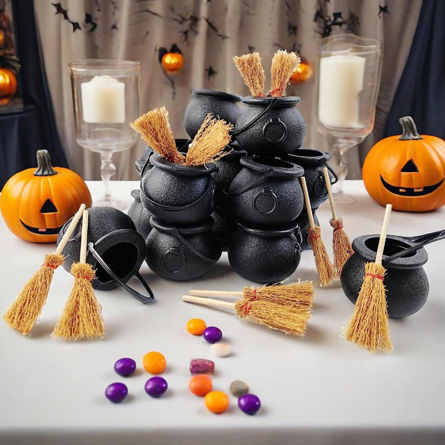 24Pcs/Set Mini Plastic Cauldron with Mini Witch Brooms, Witch Calderon Pot Black