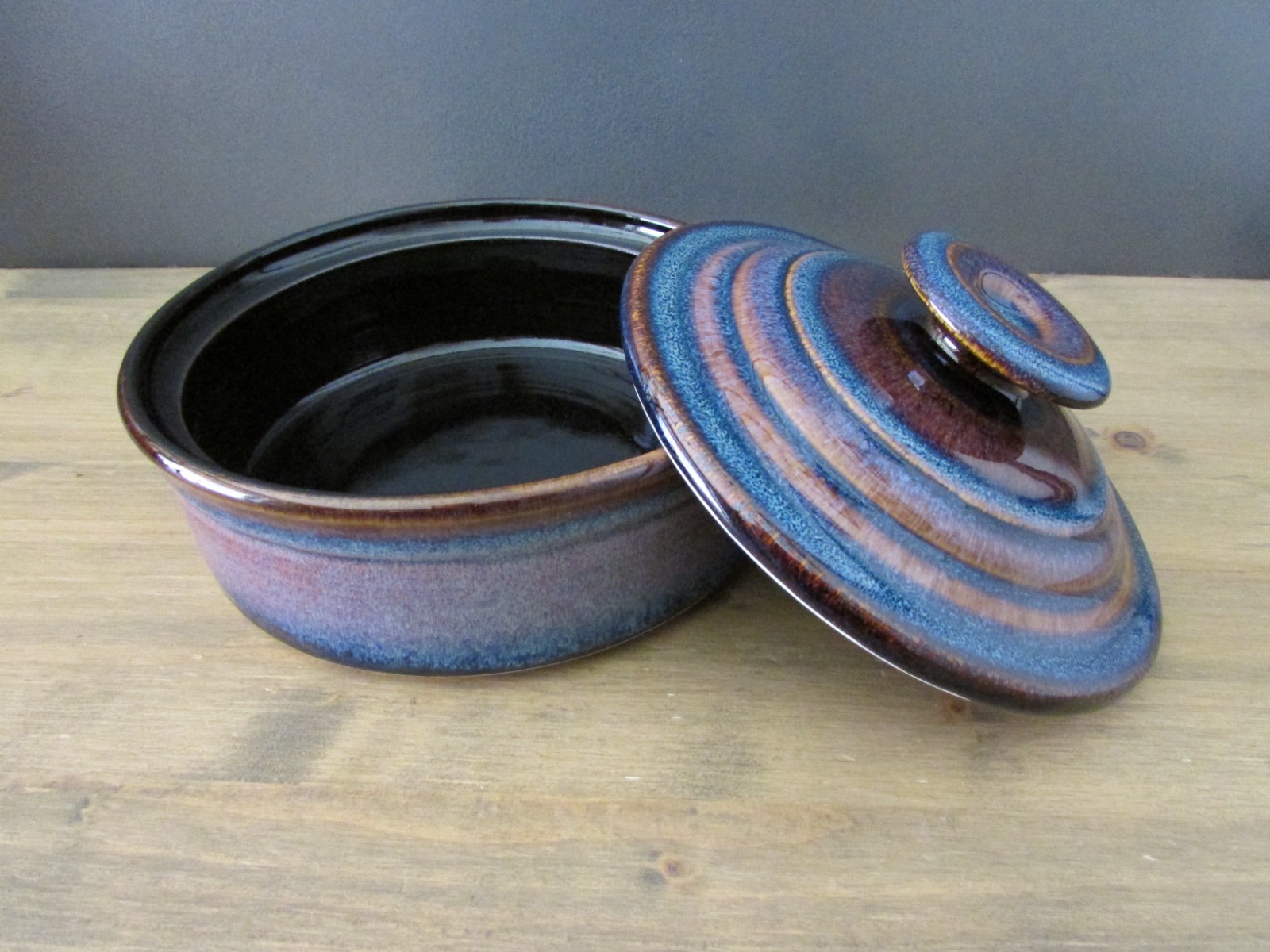 Handmade Studio Pottery Covered Serving Dish Blue Glaze 8″ Dia. Stoneware