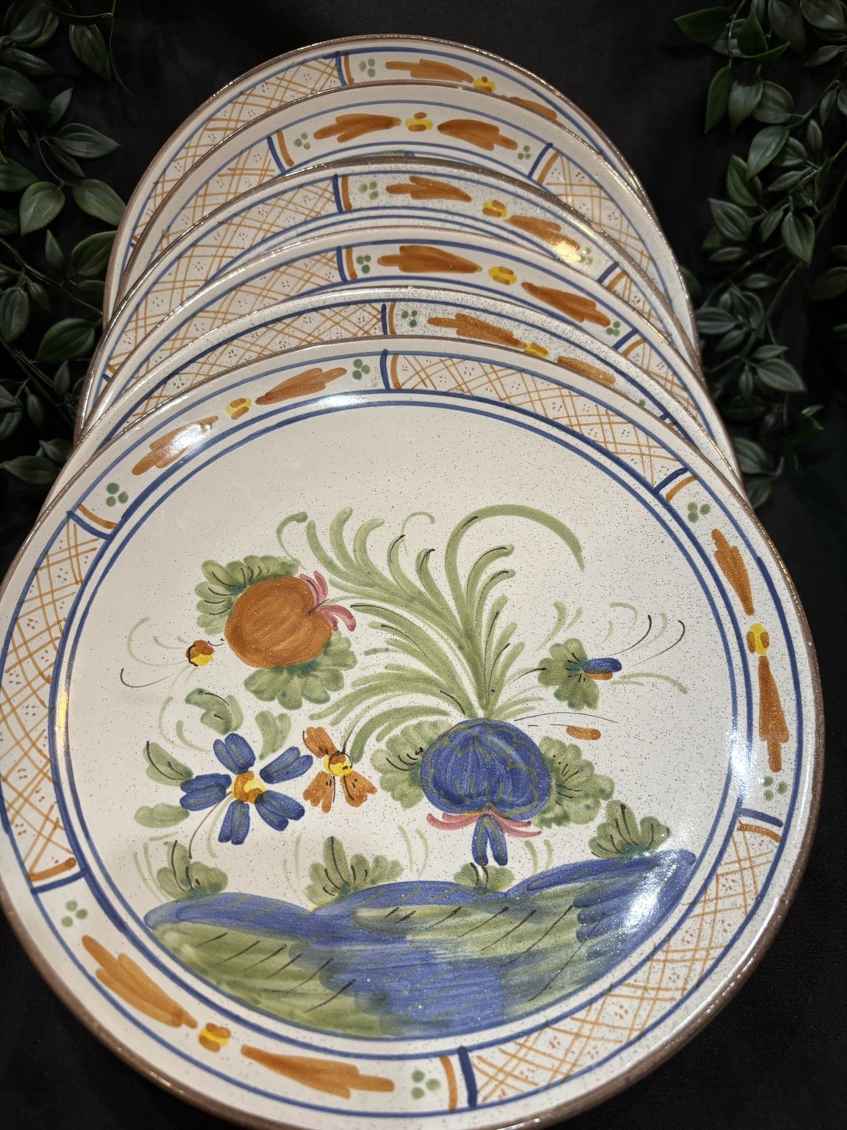 Vintage Set of 6 Italian Hand Painted Firenze Wall Plates 10” Tuscan Floral