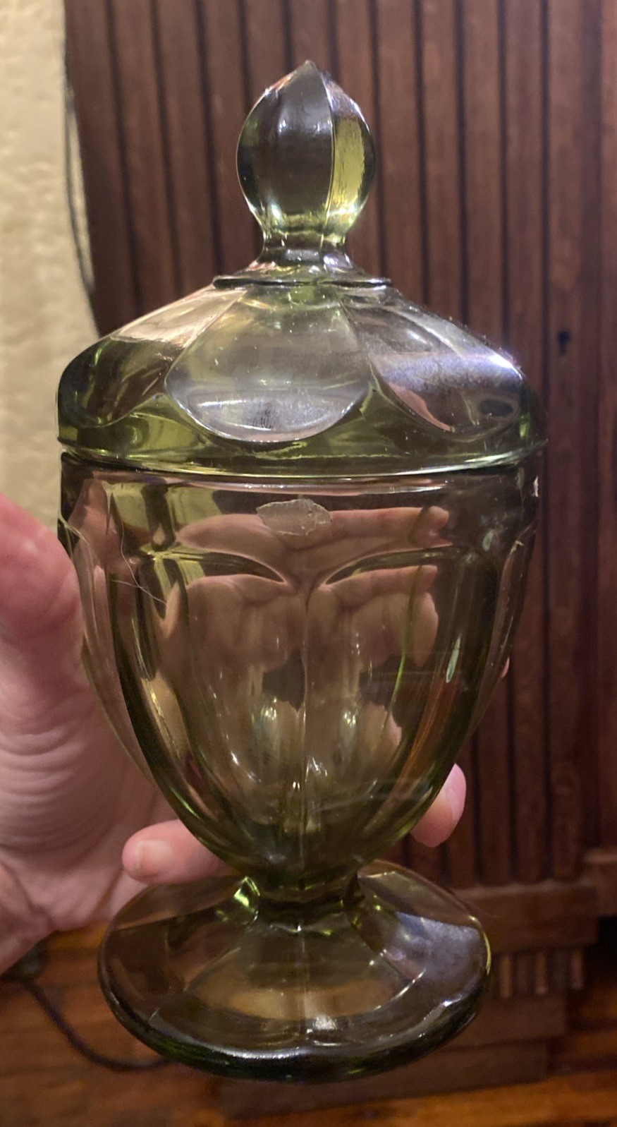 VTG Mcm Fostoria Green Lidded Compote Candy Dish 8″ T 4″ D