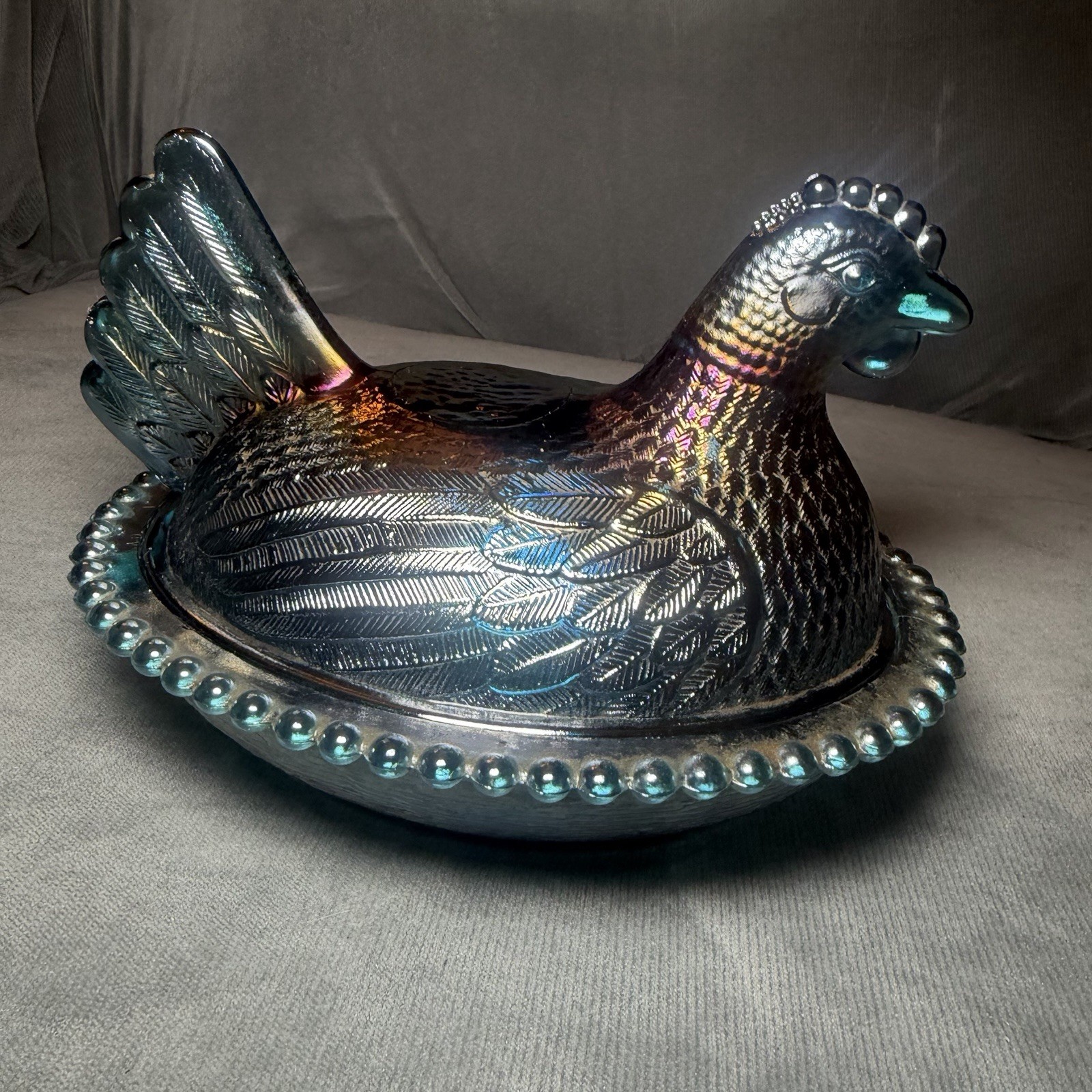 VTG Indiana Hen On a Nest Beaded Candy Dish 7″ Iridescent Blue Carnival Glass