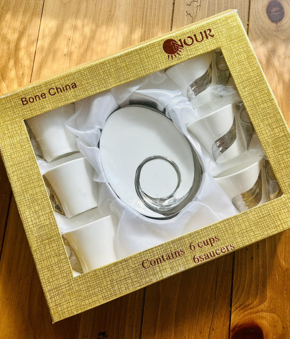 Nour White & Silver Porcelain Demitasse Cups And Saucers Twelve Piece Set