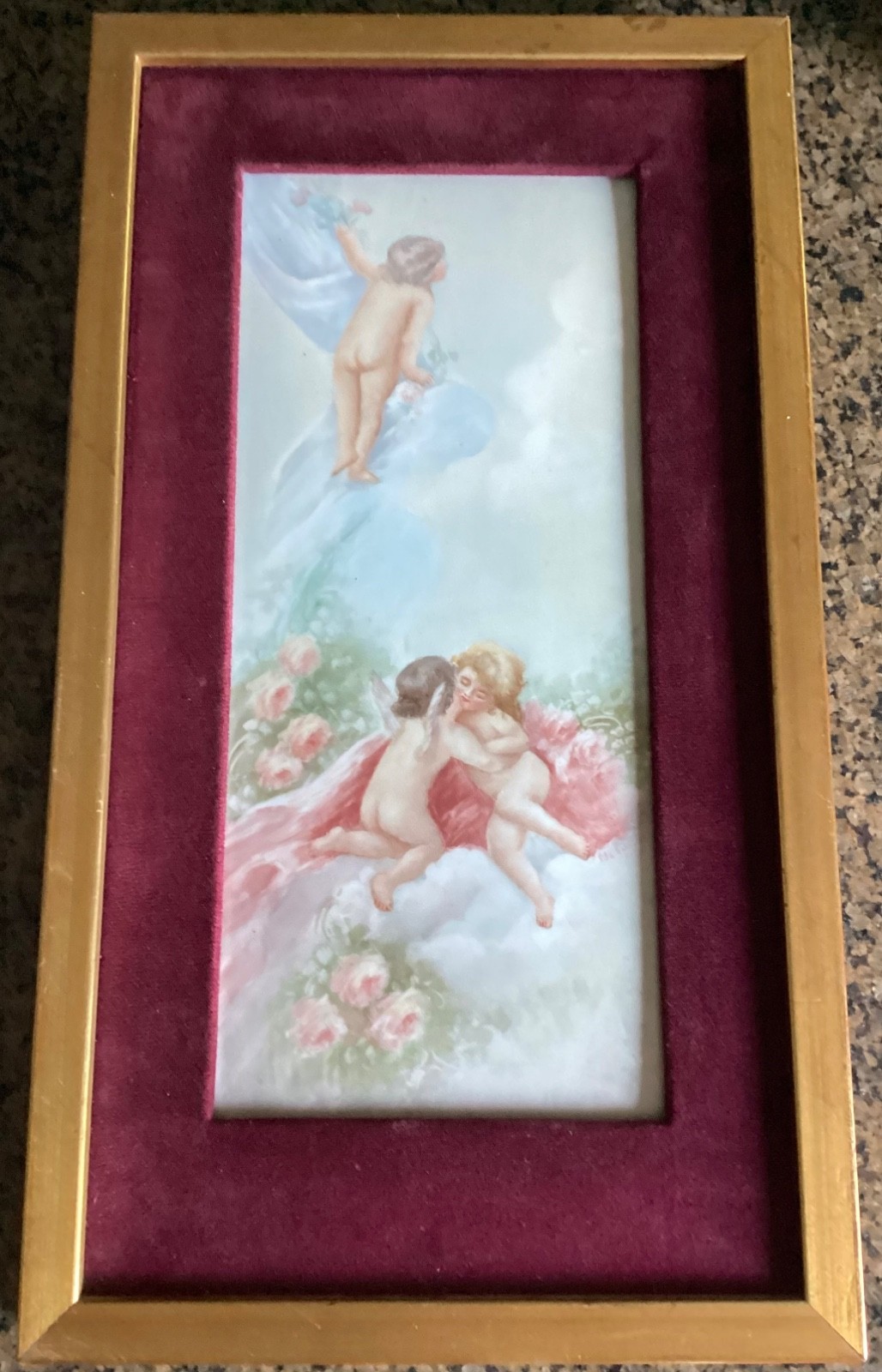 Antique 14×6” T&V Limoges HandPainted Porcelain Tile Plaque Artist Signed Cherub
