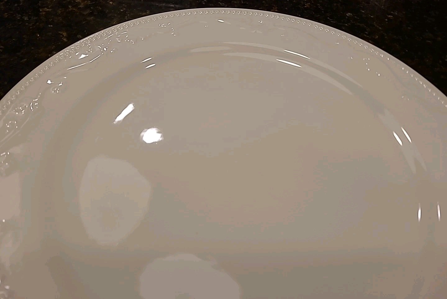 SET (3) Mesa International 11 7/8″ Dinner Plates. White Embossed Dots & Scrolls