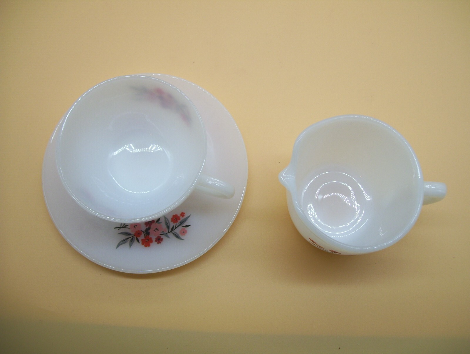 Vintage Fire King Primrose Milk Glass Coffee Cup Saucer Plate & Creamer Pitcher