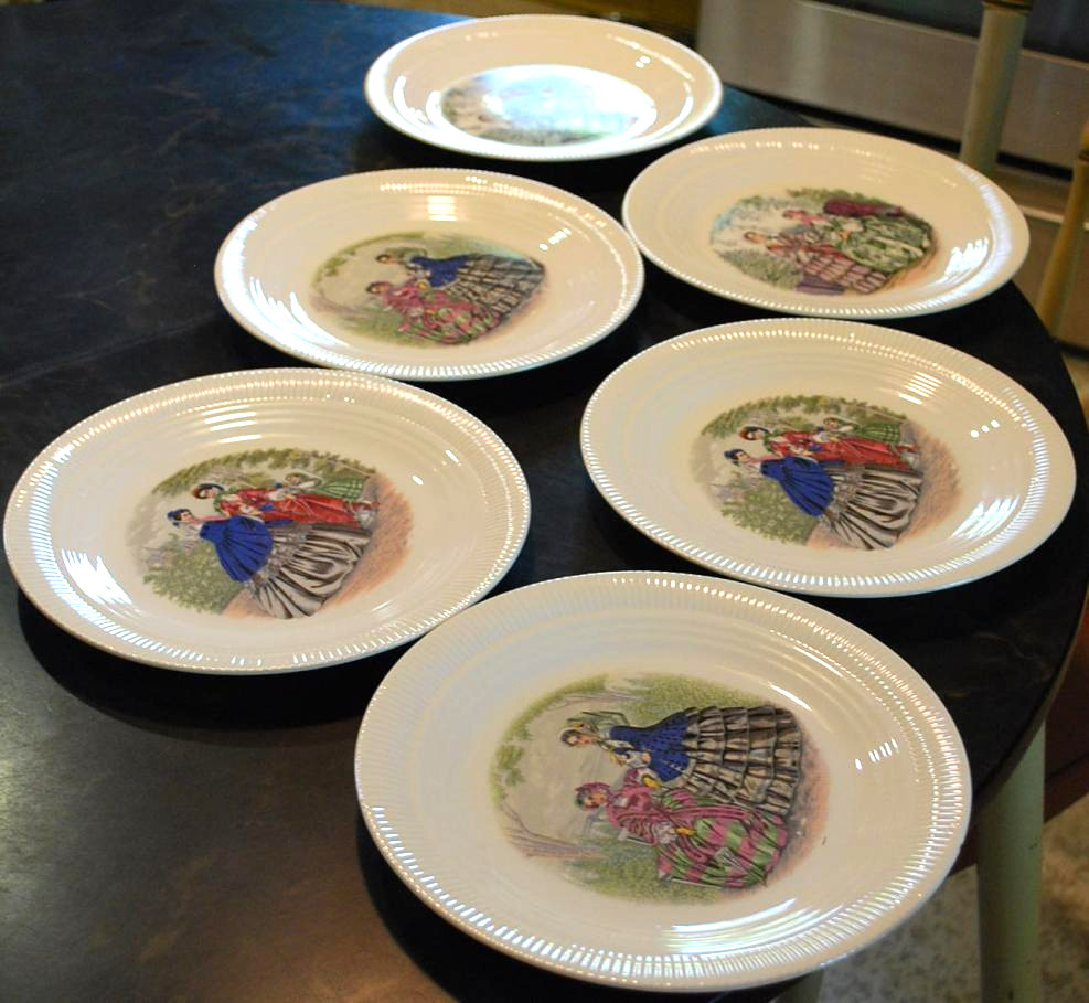Vintage Set 6 GODEY PRINTS Luncheon Plates 9.25″ Ribbed SALEM CHINA 3 Designs