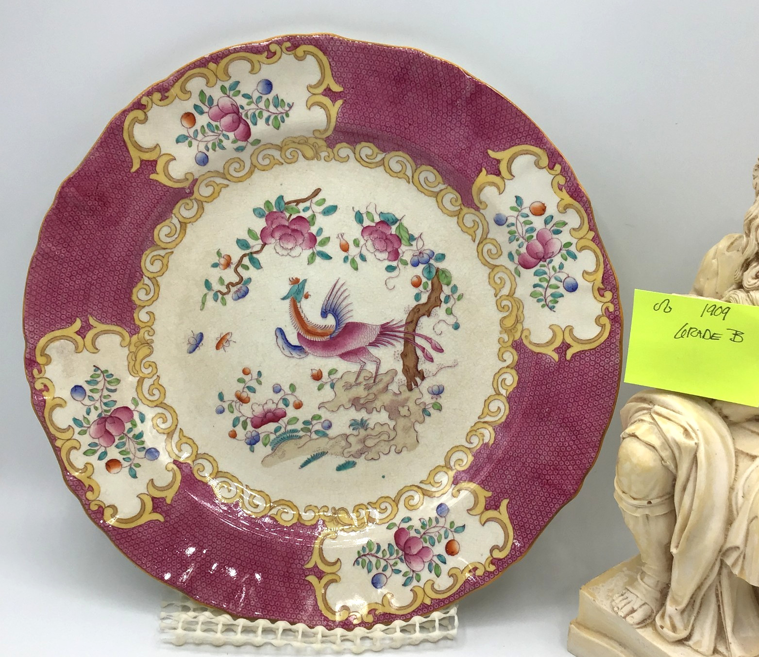 Minton Pink Cockatrice Dinner Plate (10.25 “) – Stamp 1909 Antique