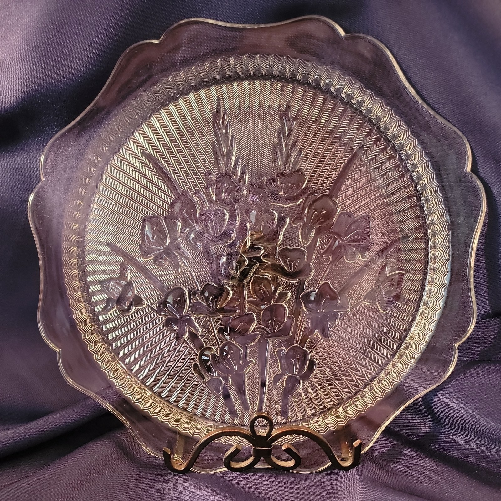 Vintage Jeanette Iris And Herring Bone Glass Platter 12 Inches Depression Glass