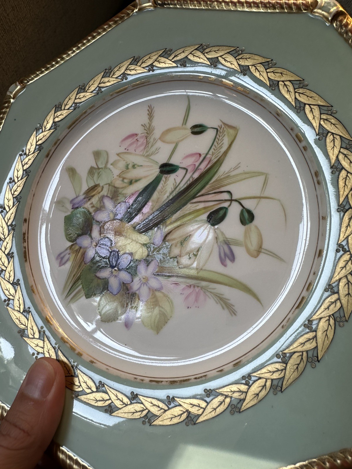 Pair Antique Royal Worcester Botanical hand painted octagonal Plates Floral Gilt