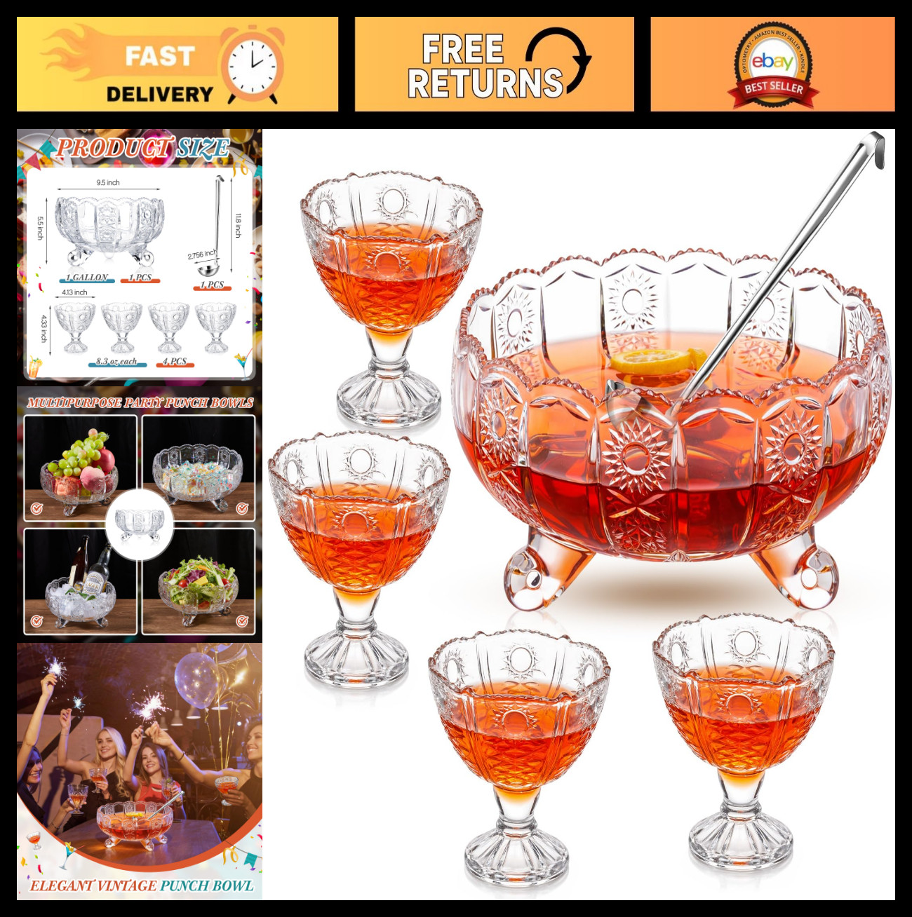 Vintage Crystal Glass Punch Bowl Set with Ladle & 4 Cups – Party Serveware Decor
