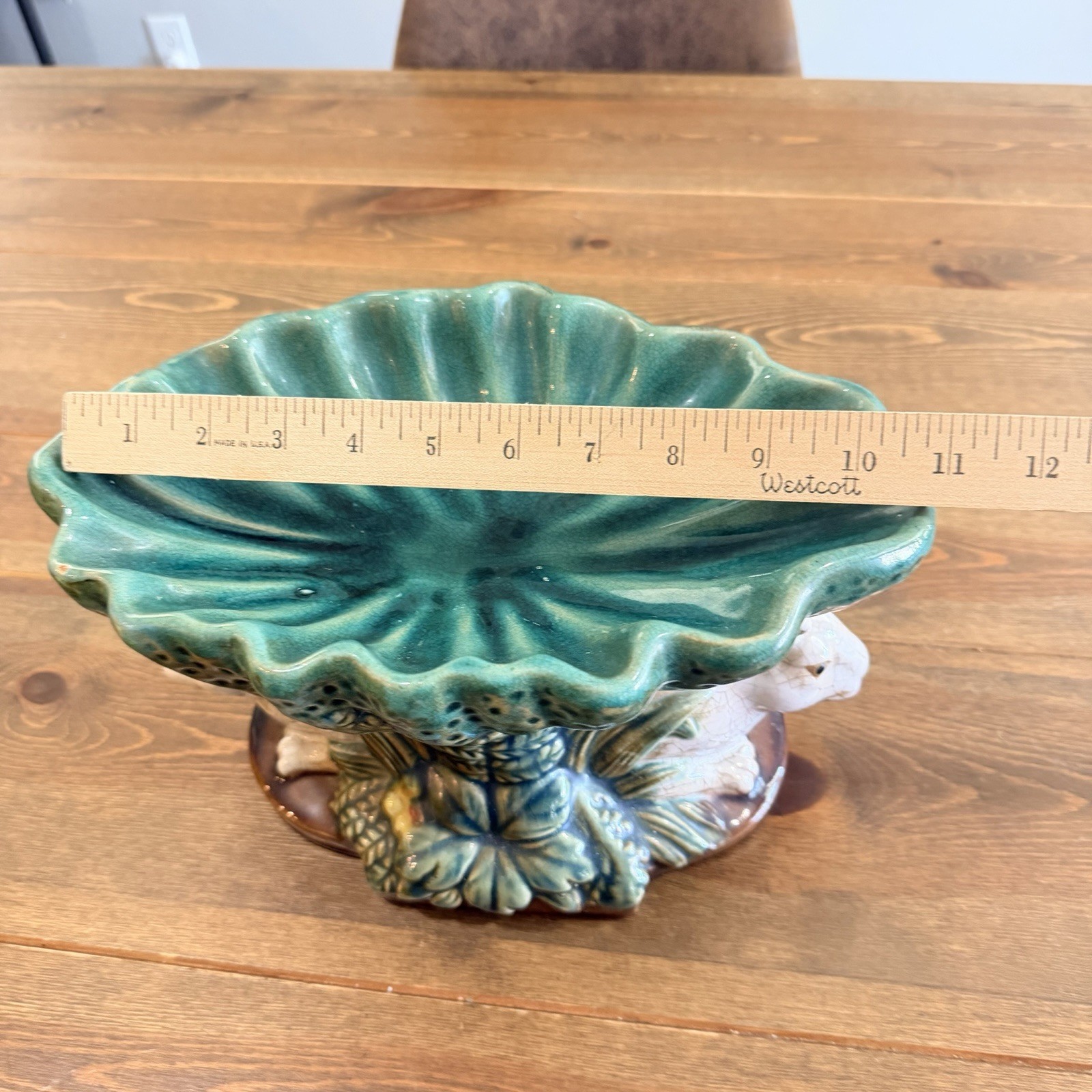 Vtg Majolica Double Rabbit Pedestal Compote Fruit Bowl Centerpiece Easter
