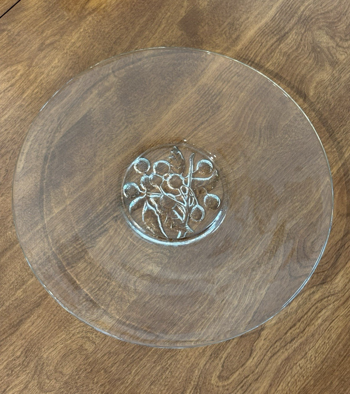 VINTAGE JEANETTE GLASS COMPANY 12″ TORTE CLEAR PLATTER IMPRESSED CHERRY PATTERN