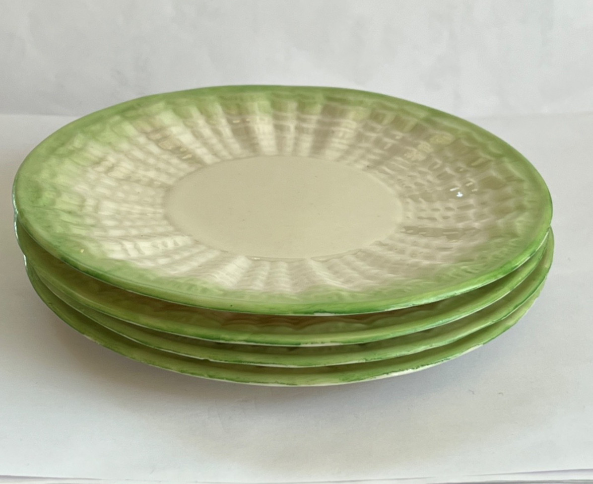 (4) IRISH BELLEEK “Tridacna” Green Tint Dessert/ Bread Plate Set 2nd Black Mark