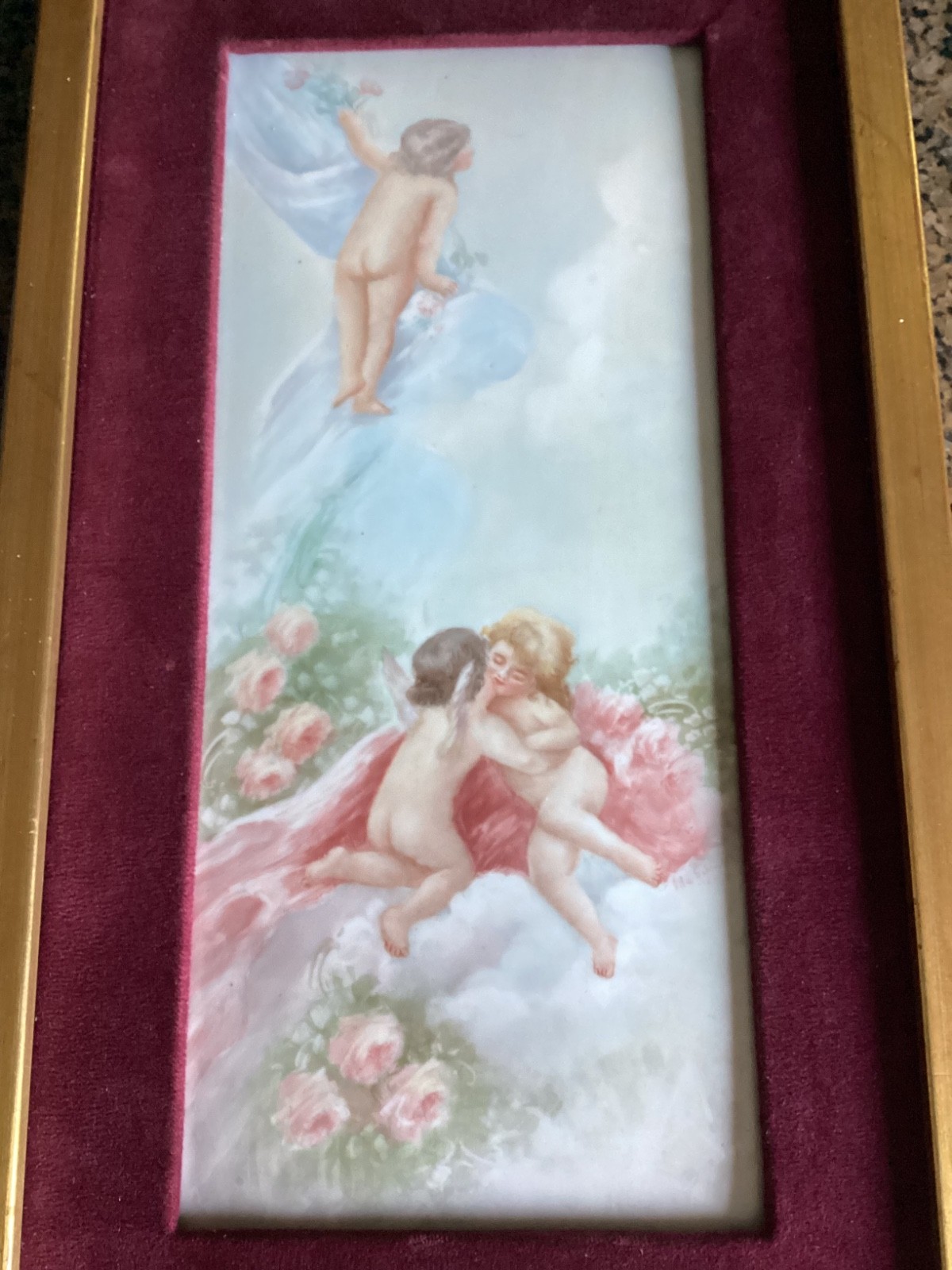Antique 14×6” T&V Limoges HandPainted Porcelain Tile Plaque Artist Signed Cherub