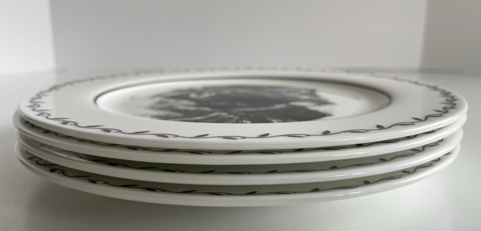 Mary Carol Lot of 4 Birds And Bees Black And White China Dessert Plates 7 7/8″