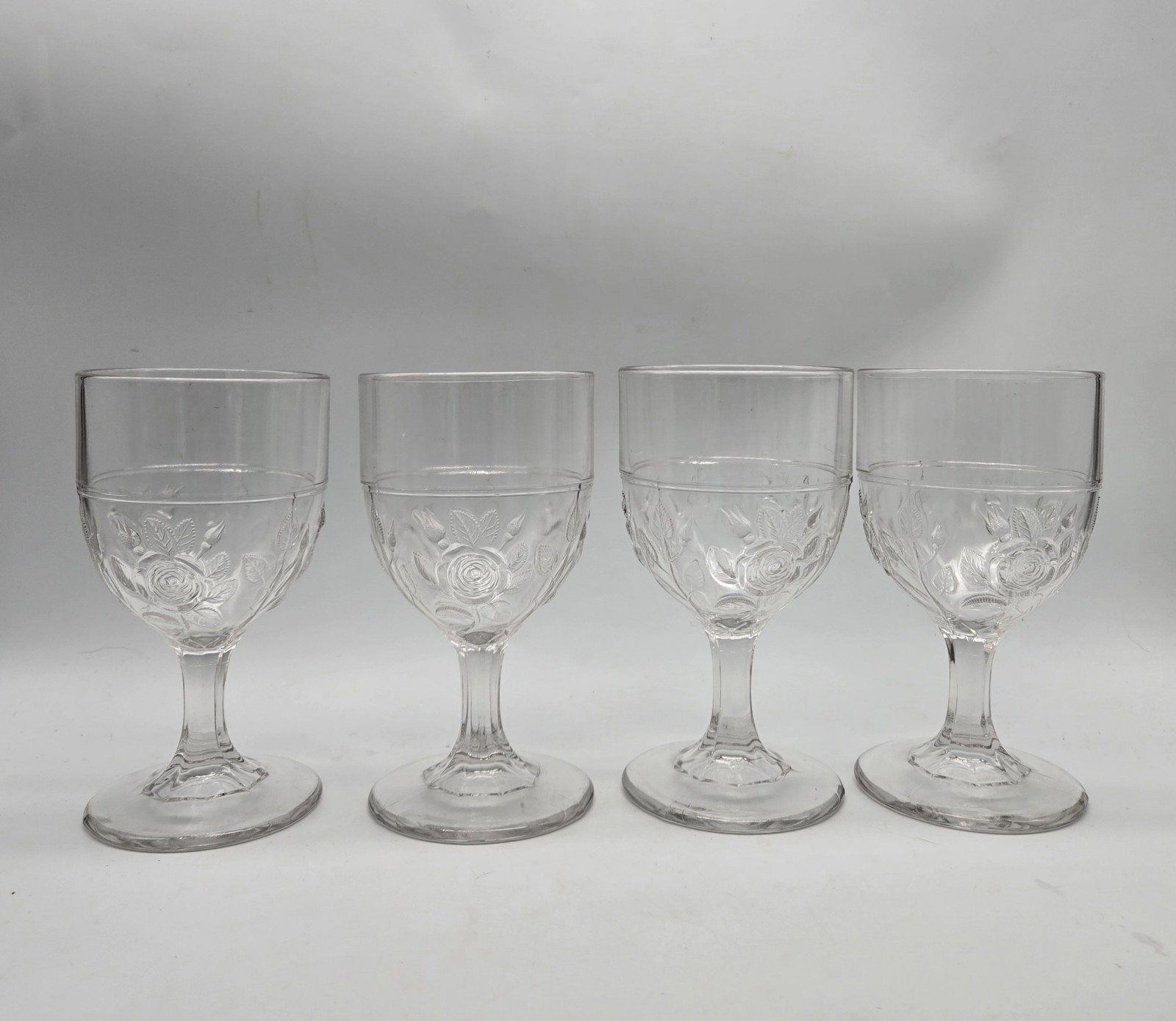 1870s Open Rose AKA Moss by Unknown Clear Glass Goblet Vtg Antique Set Of 4