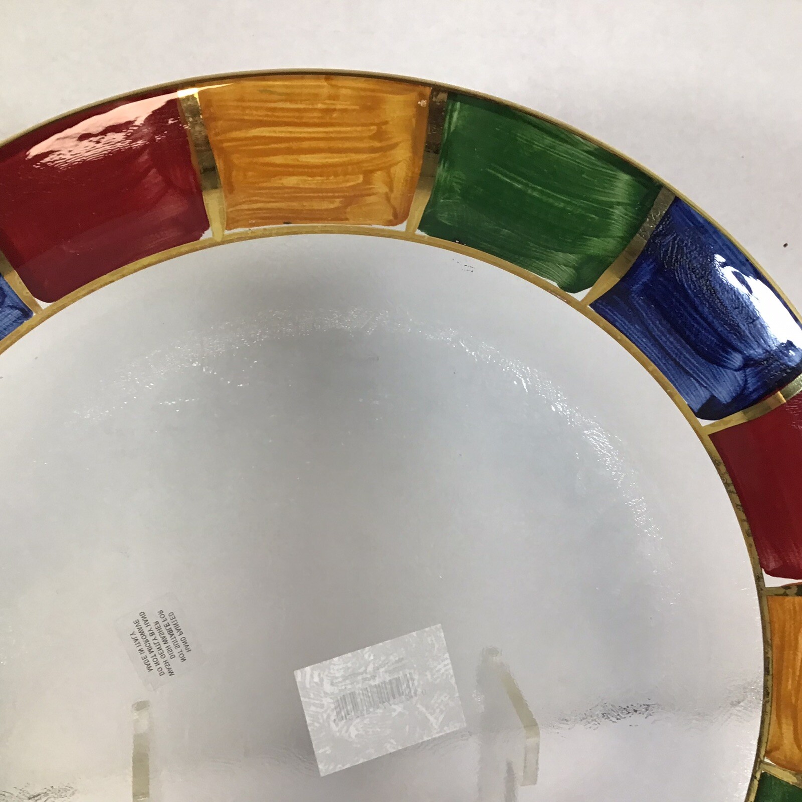 Italian Glass Round Serving Platter Low Bowl Hand Painted Geometric Edges 15”